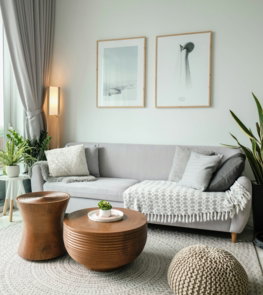 a living room filled with furniture and a large window